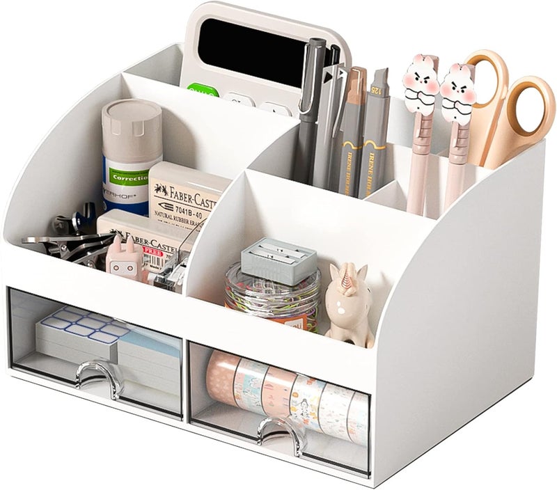 COMFYROOM Desk Organizer with 6 Compartments and 2 Drawers, Plastic Makeup Organizer, Pen Holder for Desktop Storage, Desk Organization for School, Home, Office Supplies (White) - Image 1